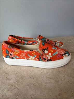 Keds x Rifle Paper Co Triple Decker Shoes Sz 9.5 Orange Floral Slip On Sneakers
